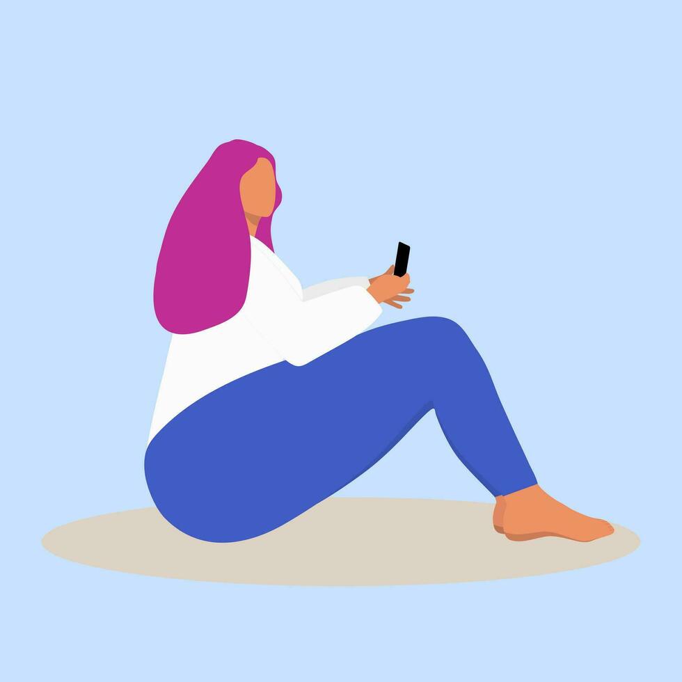 Young woman sitting with phone vector