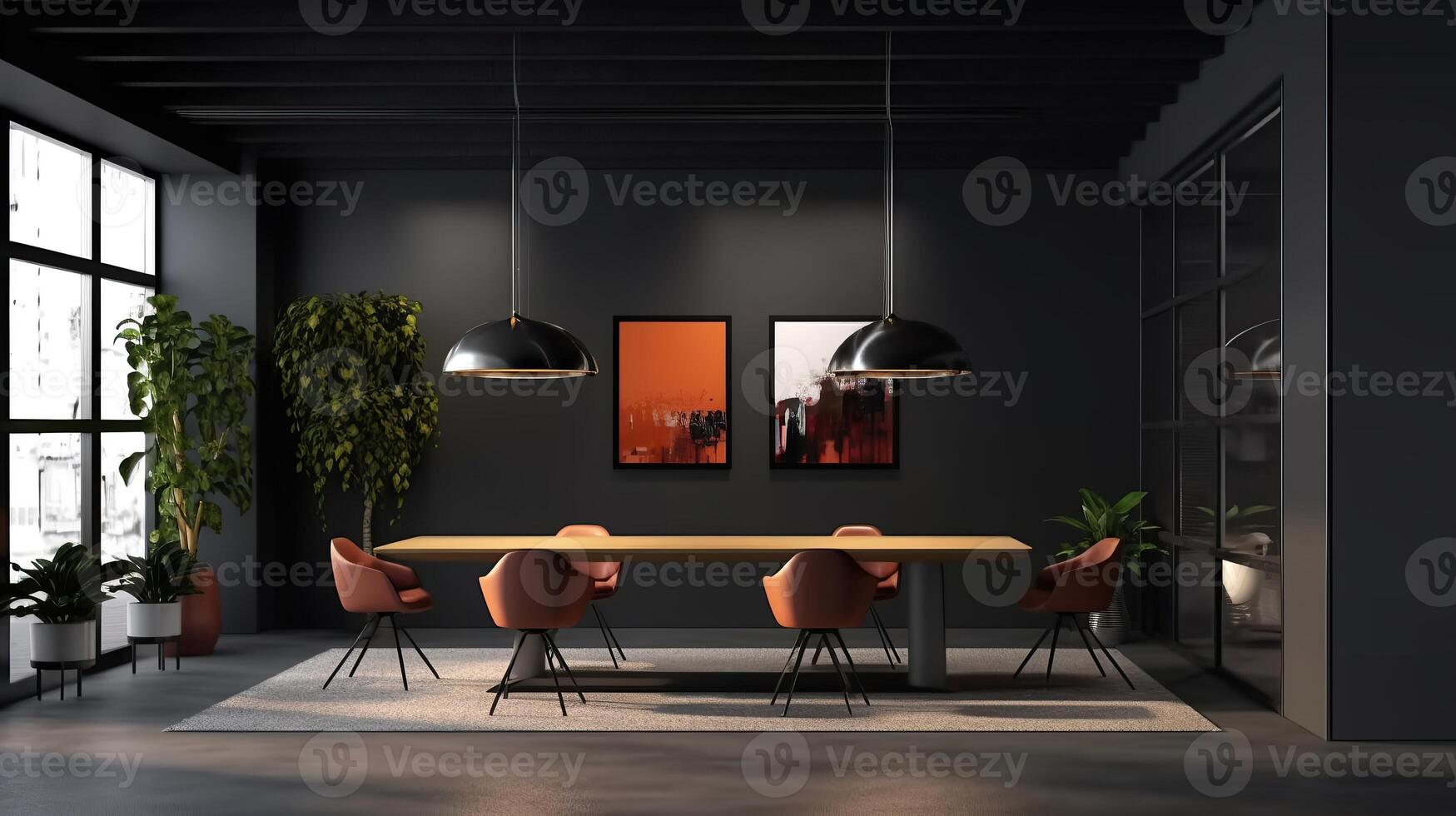 office interior with table meeting, for your advertising in abstract exhibition 3D rendering, mock up created by AI photo