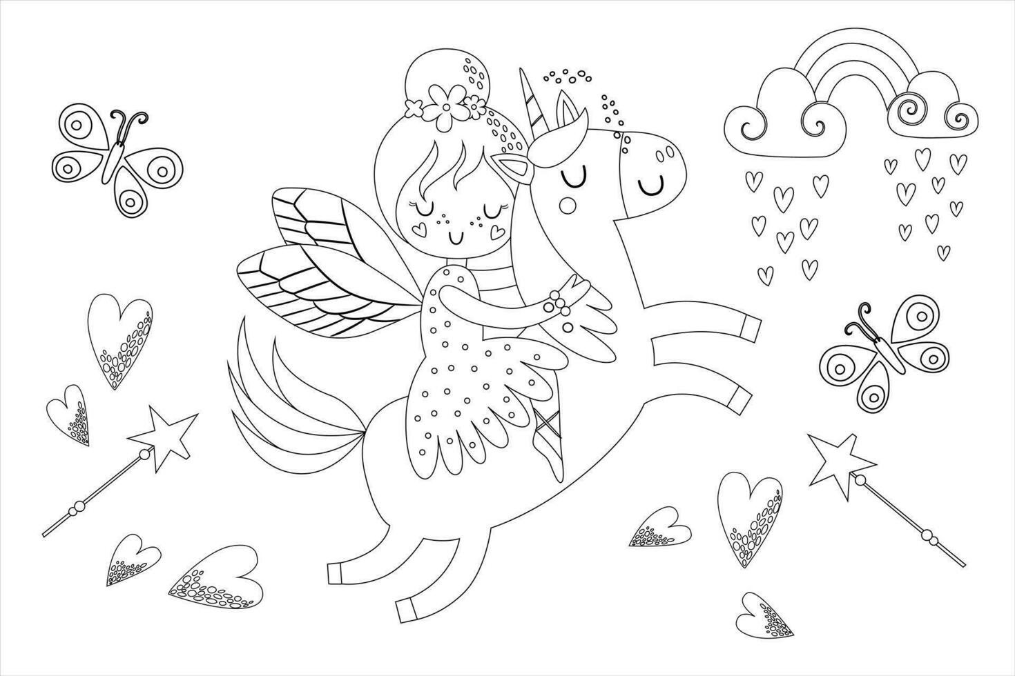 Cute princess fairy with a Unicorn Vector cartoon isolated fairytales illustration. Coloring book page for children with colorful template
