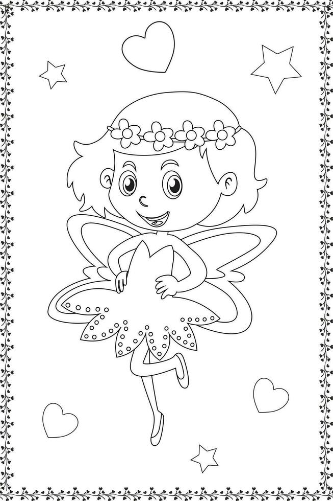 Cute fairy princess Vector cartoon isolated fairyland fairytales illustration. Coloring book page for children