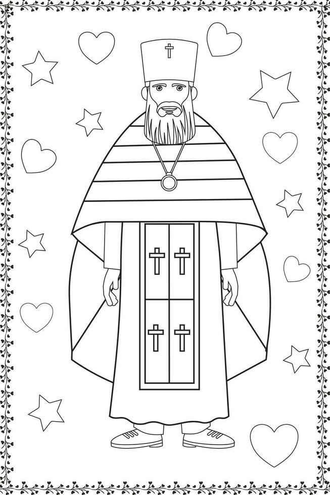 Vector isolated symmetrical gothic catholic christian orthodox priest with heart colorless black and white Coloring book page for kids