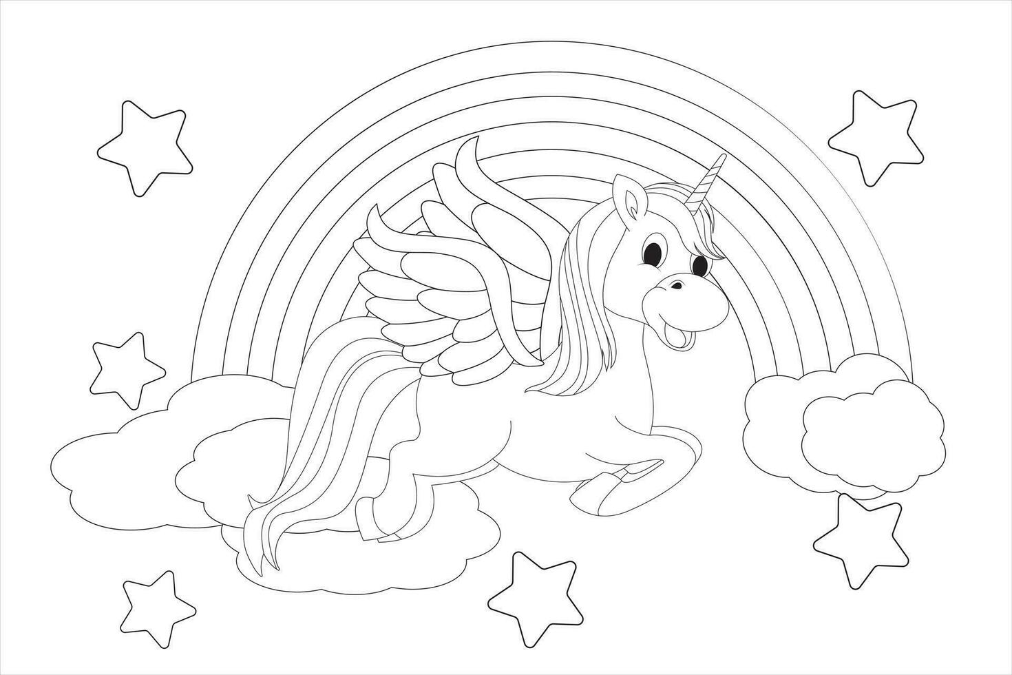 Cute cartoon unicorn on a rainbow. Fantastic animal. Black and white, design of coloring books, printsn Vector