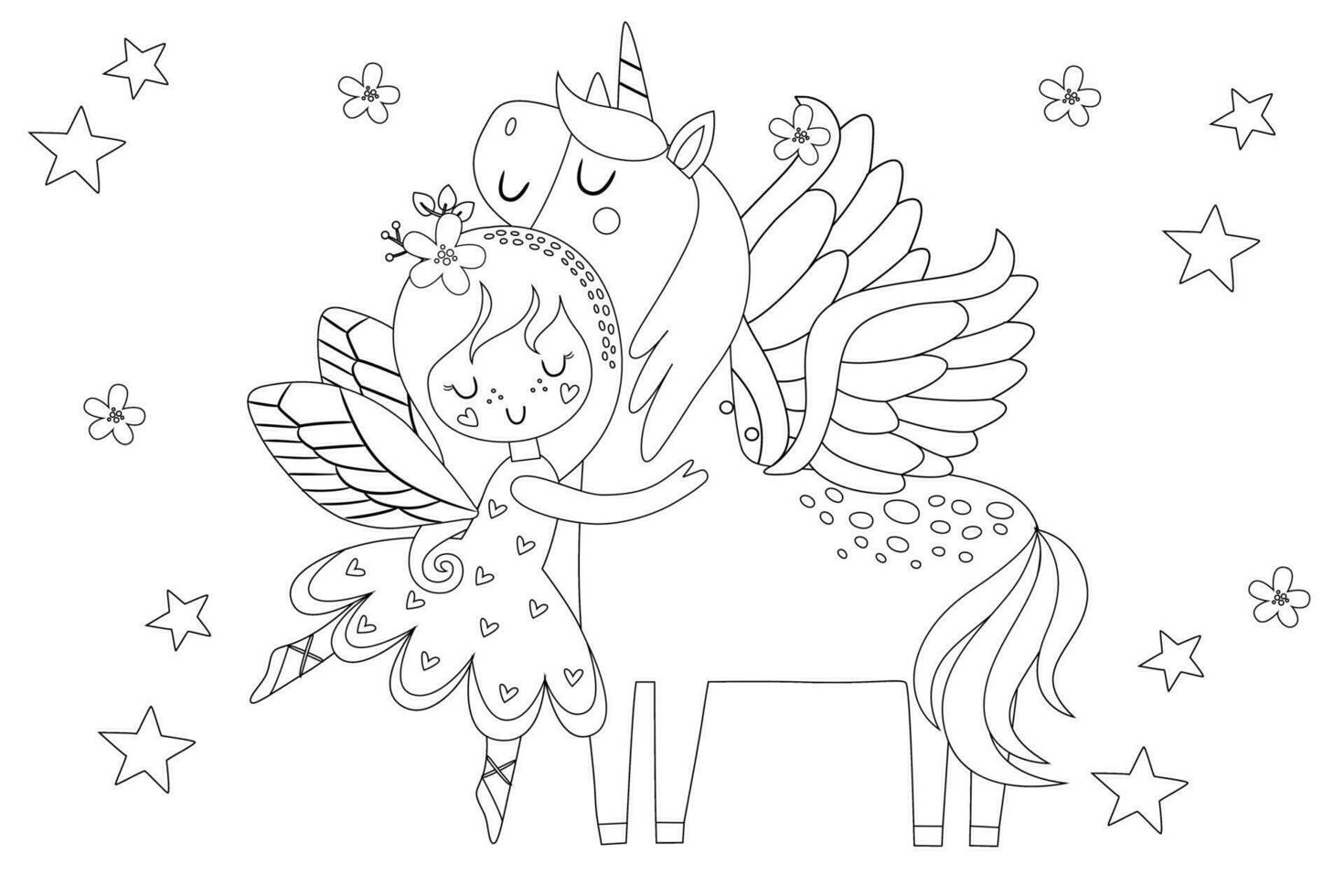Cute princess fairy hug with a unicorn and flower land  Vector cartoon isolated fairytales illustration. Coloring book page for children with colorful template