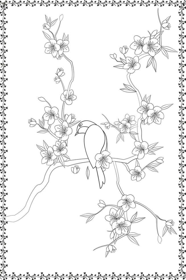 Beautiful bird sitting on a flower tree black and white illustration for your coloring book vector