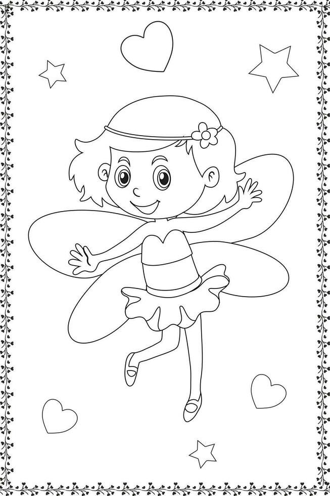 Cute fairy princess Vector cartoon isolated fairyland fairytales illustration, Coloring book page for kids