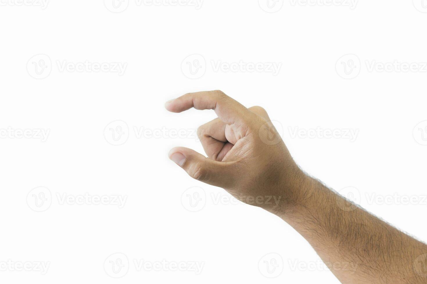 Close-up man's hand holding something. Open outstretched hand, showing five fingers, extended in greeting copy space isolated on white background. Space for text. photo