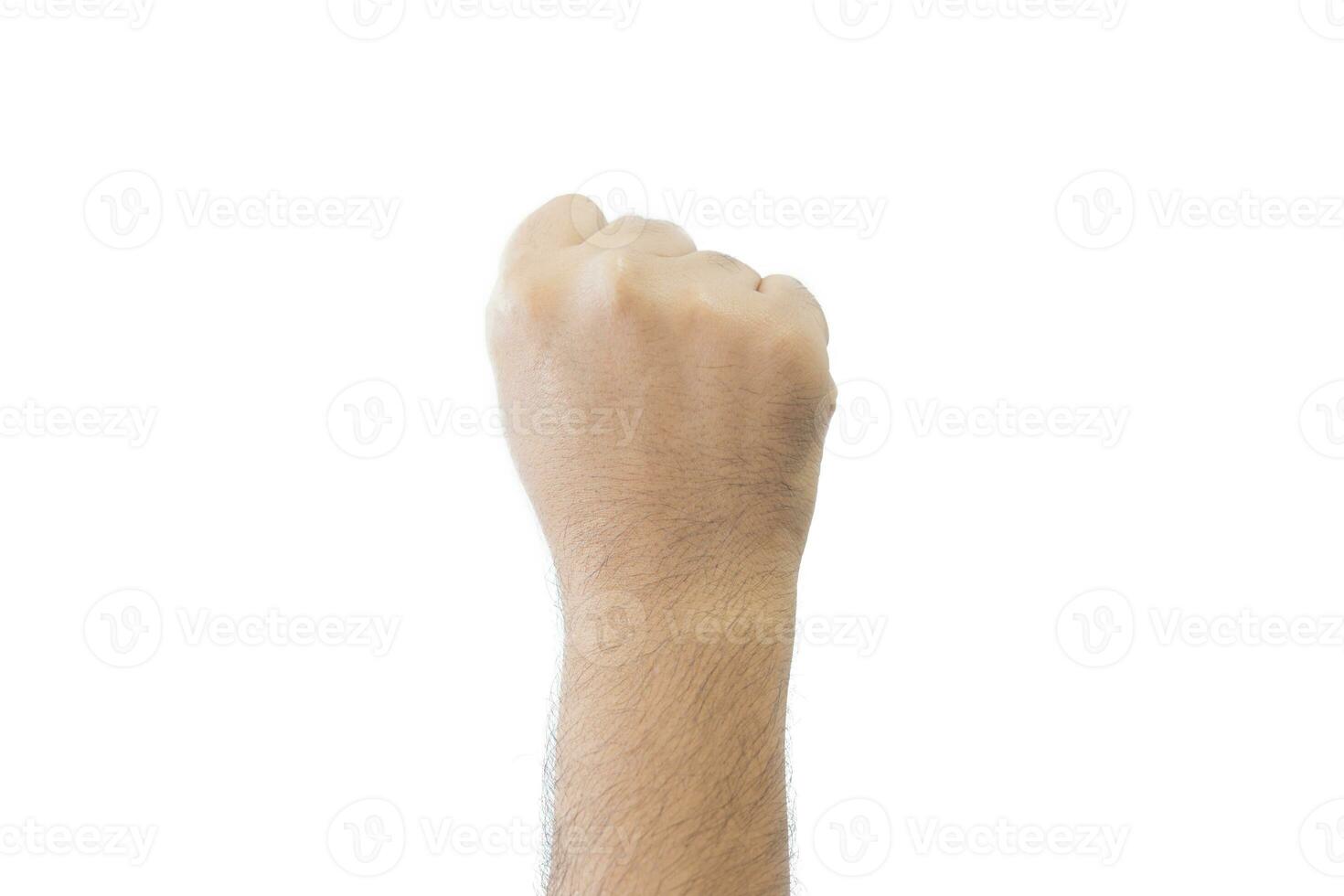 Close-up man's back of handful. close outstretched hand, showing zero fingers means number zero, extended in greeting copy space isolated on white background. Space for text. photo