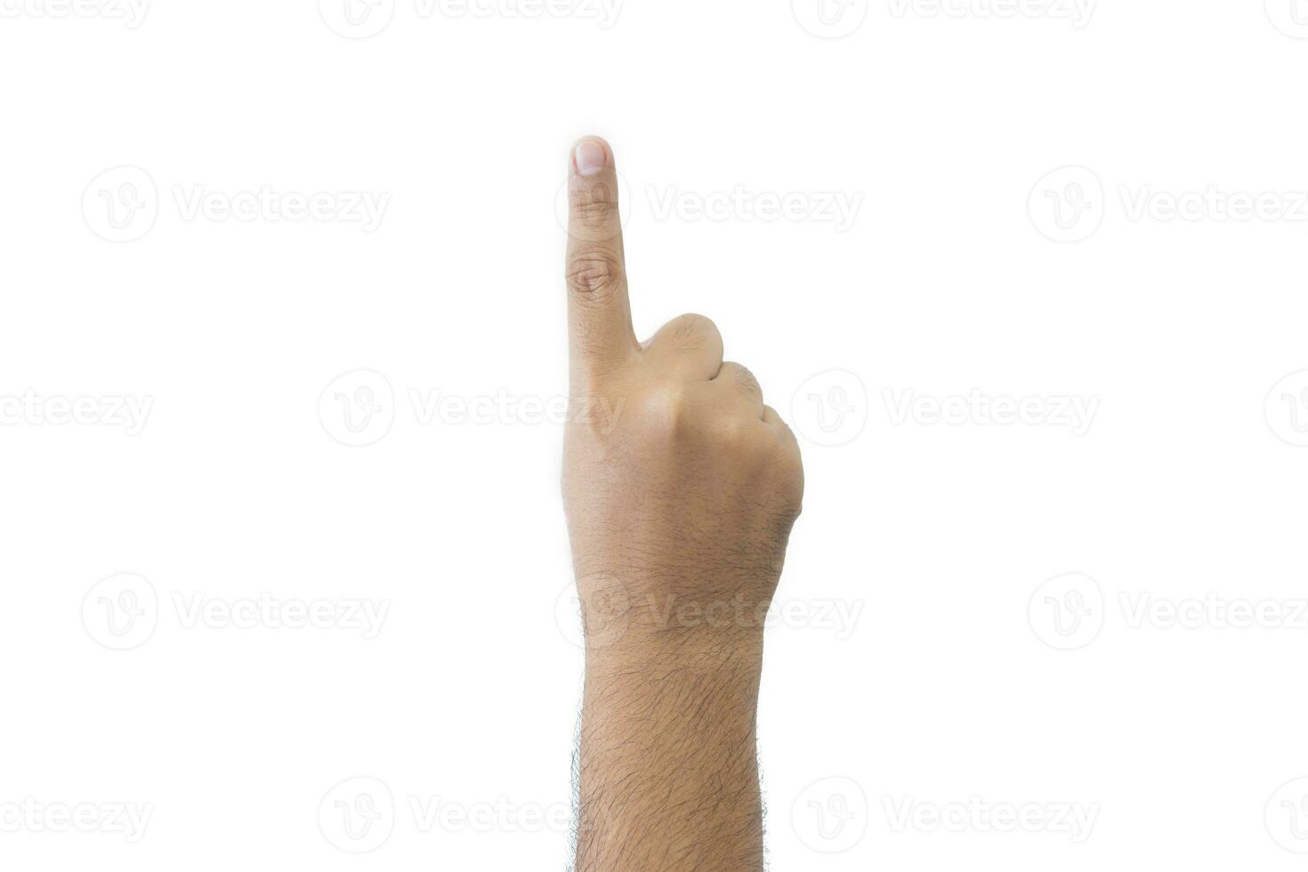 Close-up man's back of hand. Open outstretched hand, showing one fingers means number one, extended in greeting copy space isolated on white background. Space for text. photo