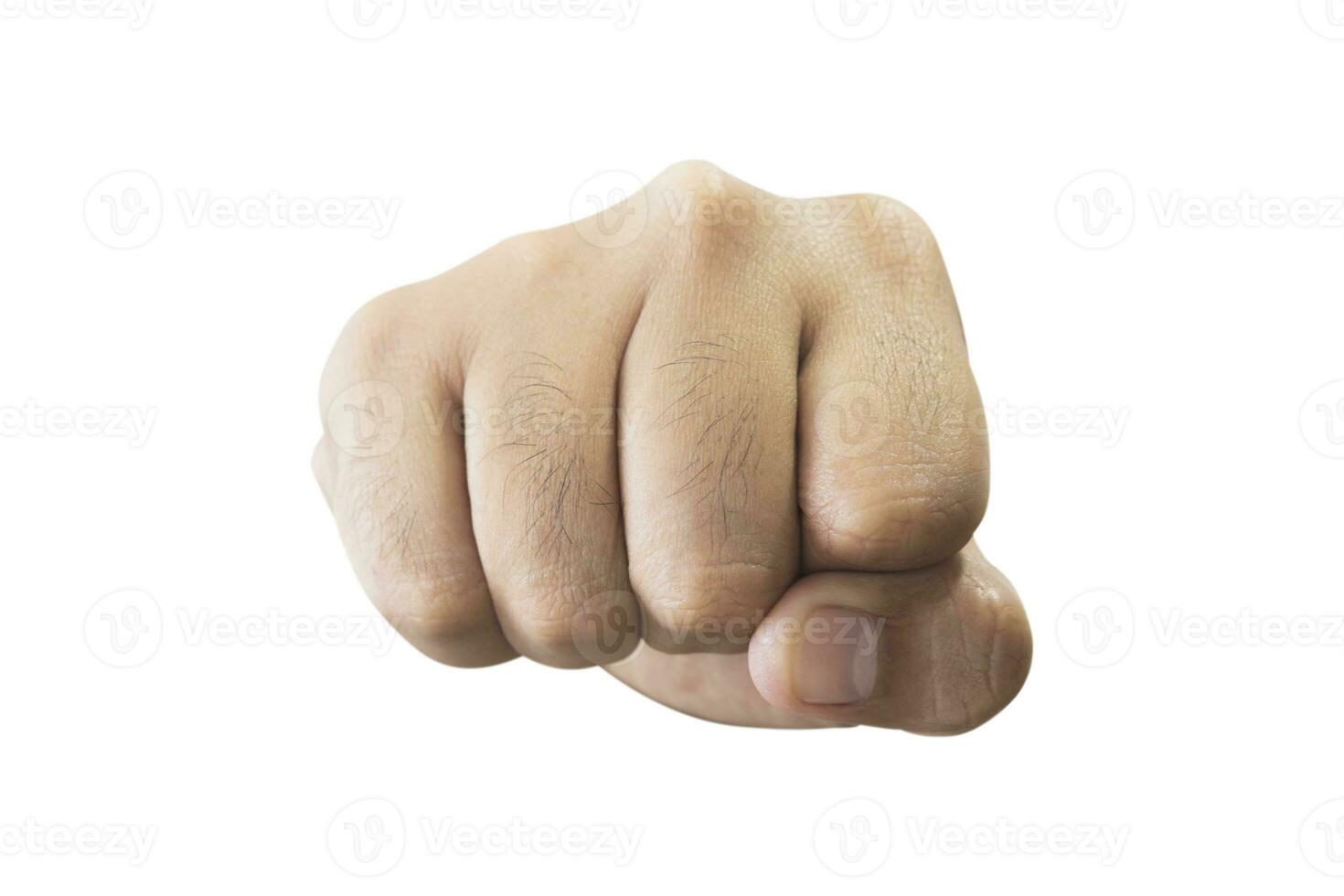 Close-up man's back of handful for punching. close outstretched hand, extended in greeting copy space isolated on white background. Space for text. photo