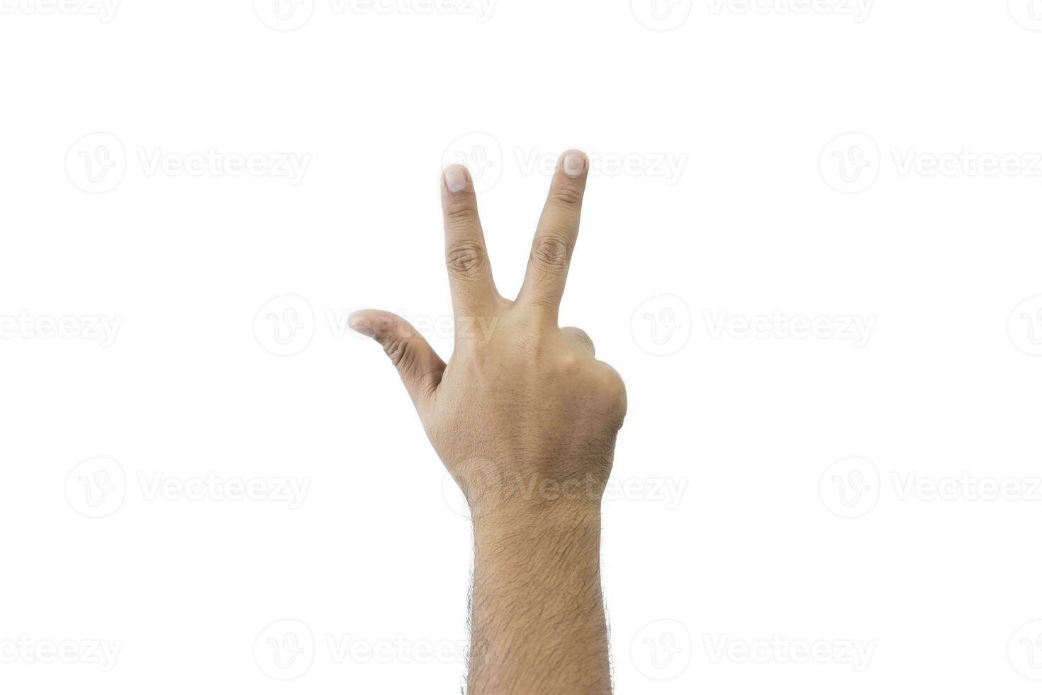 Close-up man's back of hand. Open outstretched hand, showing three fingers means number eight, extended in greeting copy space isolated on white background. Space for text. photo