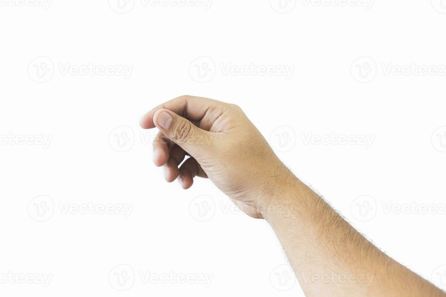 Close-up man's hand holding something like a blank card. Open outstretched hand, showing five fingers, extended in greeting copy space isolated on white background. Space for text. photo