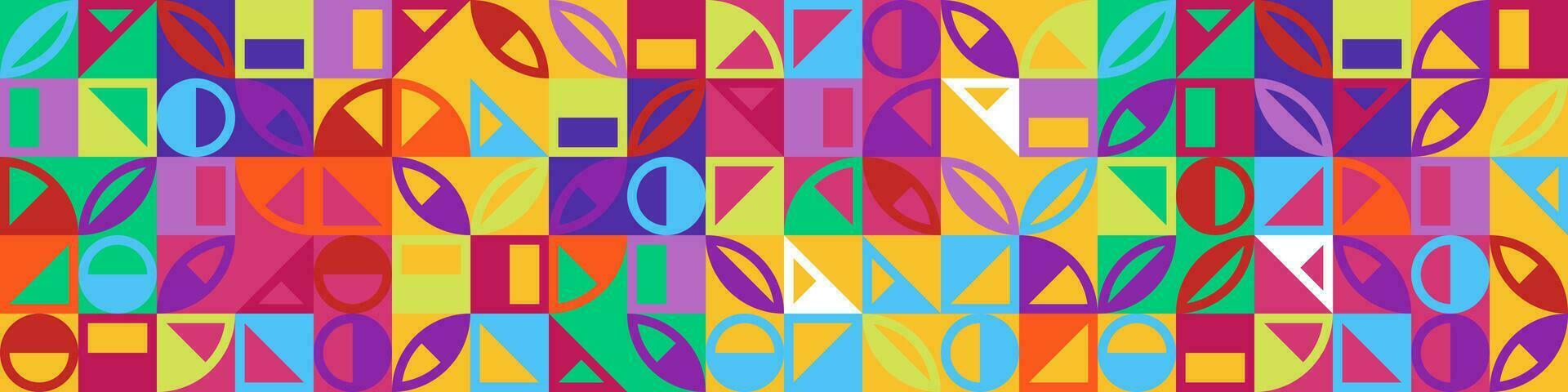 Abstract geometric bauhaus grid seamless pattern. Simple shapes combination horizontal banner. Memphis style elements composition artwork. Retro modern trendy graphic background. Vibrant color eps art vector