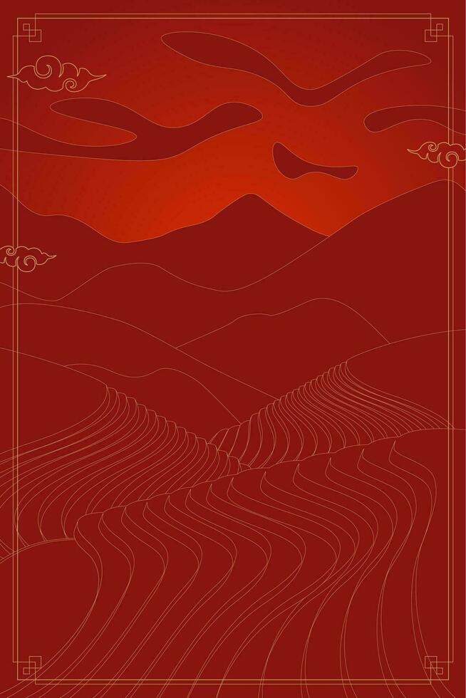 Rice field at red sunset poster. Chinese agricultural terraces in mountains landscape. Rural farmland scenery with paddy. Terraced farmer tea plantation. Asian agriculture meadow vector eps background