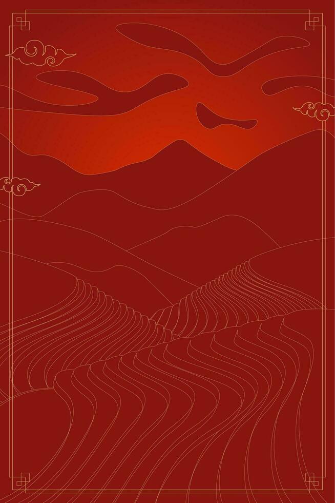 Rice field at red sunset poster. Chinese agricultural terraces in mountains landscape. Rural farmland scenery with paddy. Terraced farmer tea plantation. Asian agriculture meadow vector eps background
