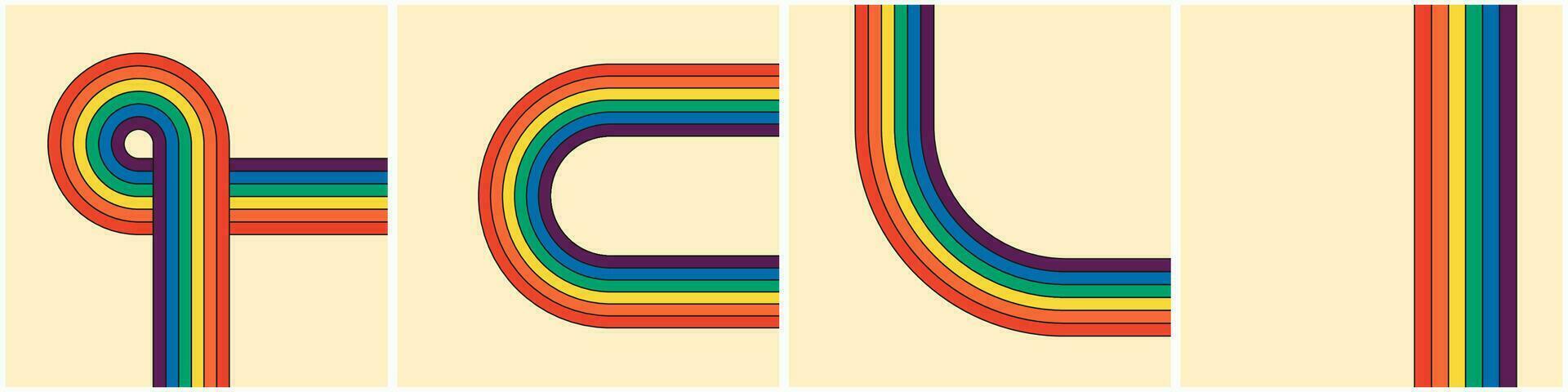 Vintage rainbow striped square posters compilation. Groovy style reminiscent past eras. Hippie inspired geometric rainbow paths. Iridescent stripes reflect retro hippy vibe. Various abstract banners vector