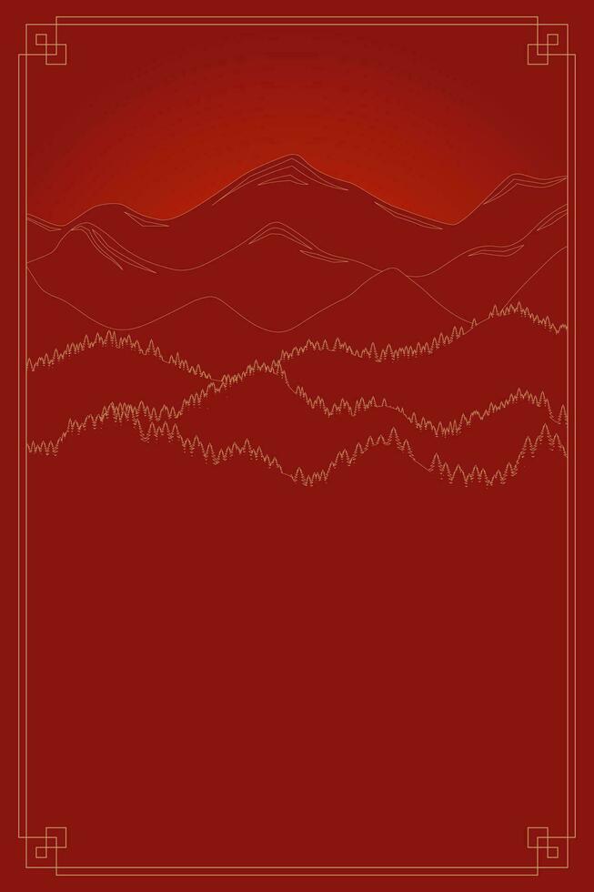 Mountain range landscape background. Red mountains in Chinese or Japanese style frame. Natural vertical banner. Vector eps illustration