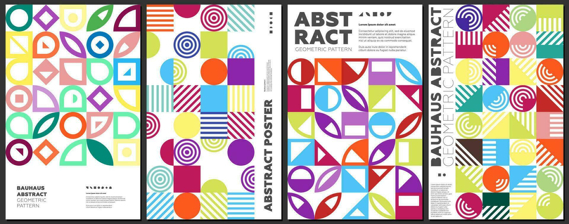 Abstract geometric bauhaus style artworks. Simple shapes combination neo geo poster set. Retro memphis grid pattern collection. Modern trendy vivid graphic paintings. Vintage postmodern art prints vector