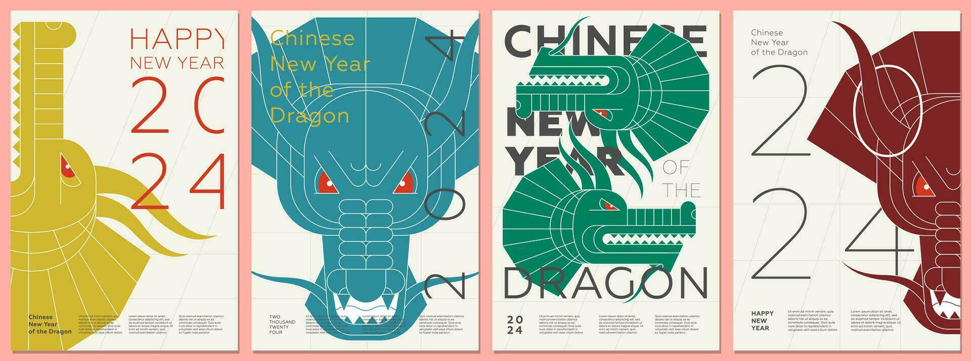 Abstract Chinese dragons heads on 2024 Happy New Year posters. Colored creative China zodiac dragon monster faces on flyers. Graphic asian celebration colorful prints. Modern trendy oriental paintings vector