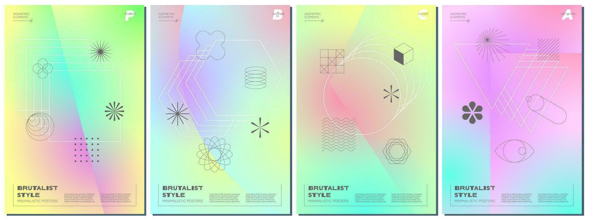 Trendy abstract brutalism poster set with minimalistic geometric shapes on gradient background. Modern brutalist style minimal prints with simple figures and graphic elements. Brutal y2k vector prints