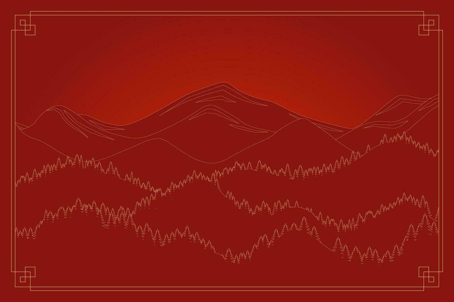 Mountain range landscape background. Red mountains in Chinese or Japanese style frame. Natural horizontal banner. Vector eps illustration