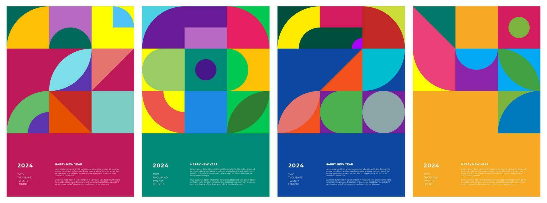 Abstract geometric bauhaus shapes combination 2024 Happy New Year poster set. Graphic retro style celebration decoration patterns. Modern trendy paintings. Colorful vintage simple vector eps prints