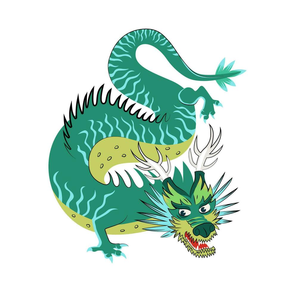 Traditional Chinese green dragon zodiac sign. Asian sacred symbol of goodness and power. Japanese ancient animal vector illustration isolated on white background