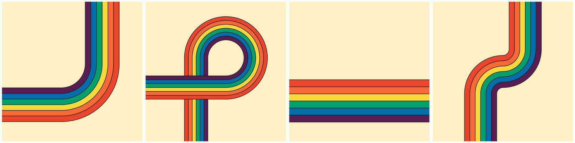 de moda minimalista y2k cuadrado carteles presentando vistoso obra de arte retro maravilloso arco iris de colores a rayas huellas dactilares. geométrico hippie arcoiris caminos varios resumen elegante iridiscente rayas. vector