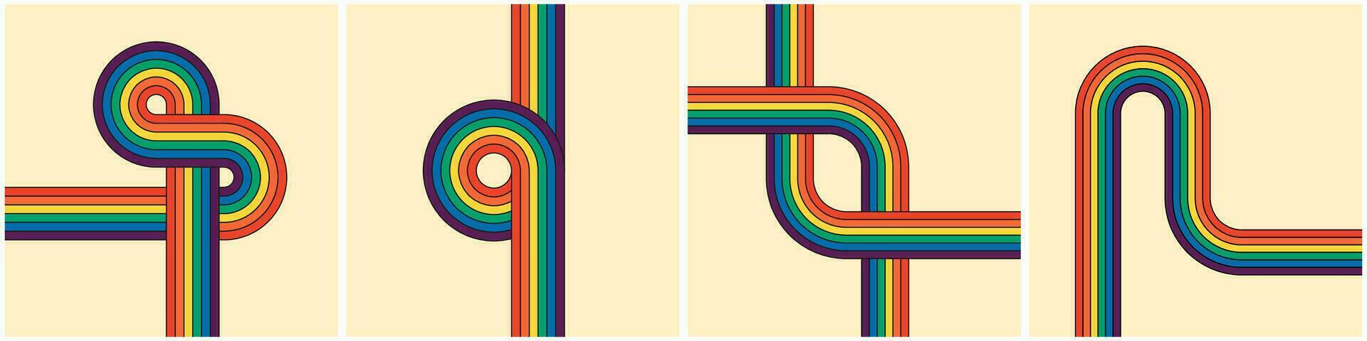 Old-school funky rainbow colored striped square poster set. Collection of geometric rainbow tracks inspired by hippie era. Diverse abstract iridescent stripes. Embody vintage hippy style. Eps backdrop vector