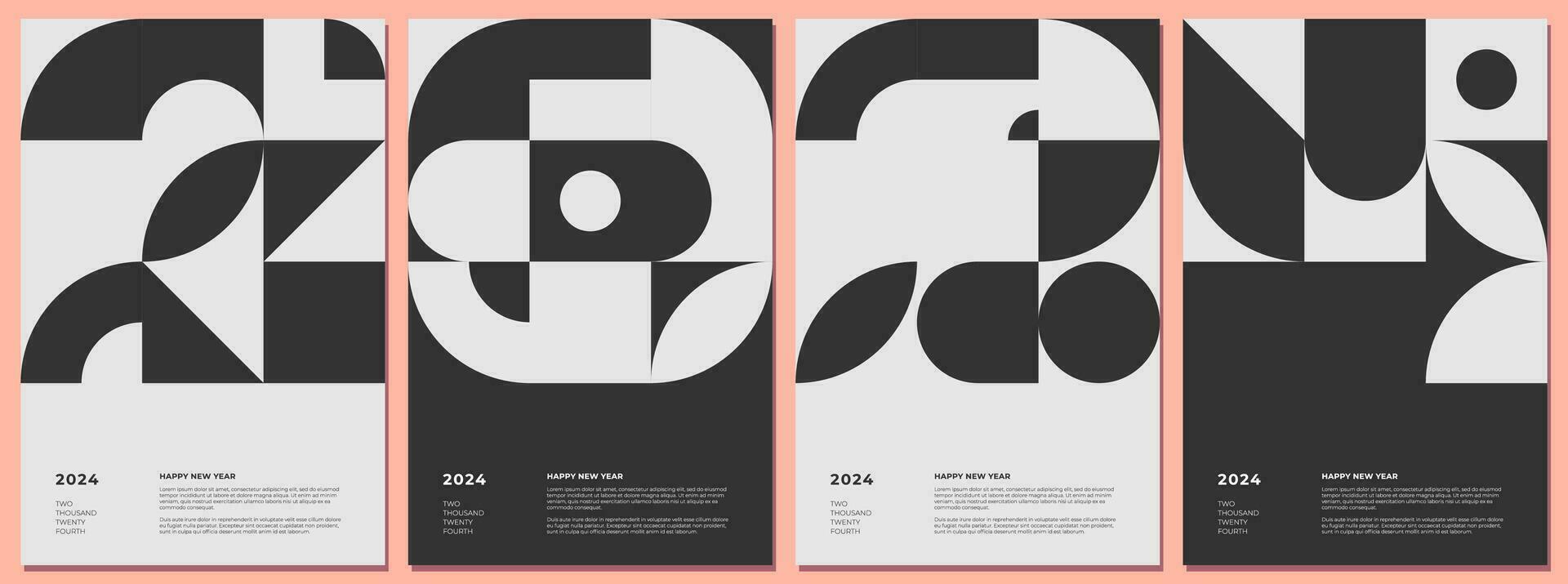 Abstract bauhaus style combination number 2024 Happy New Year horizontal poster set. Geometric shapes celebration decoration placard collection. Modern trendy artwork. Retro black simple vector prints