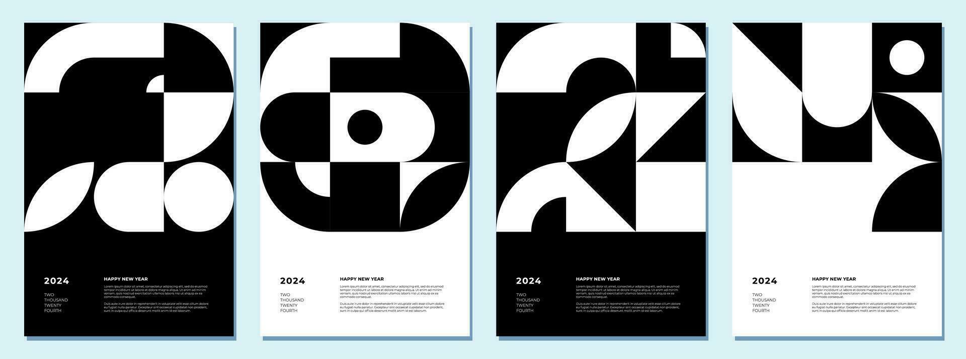 resumen geométrico Bauhaus formas combinación 2024 contento nuevo año póster colocar. gráfico retro estilo celebracion decoración patrones. moderno de moda pinturas negro Clásico sencillo vector eps huellas dactilares