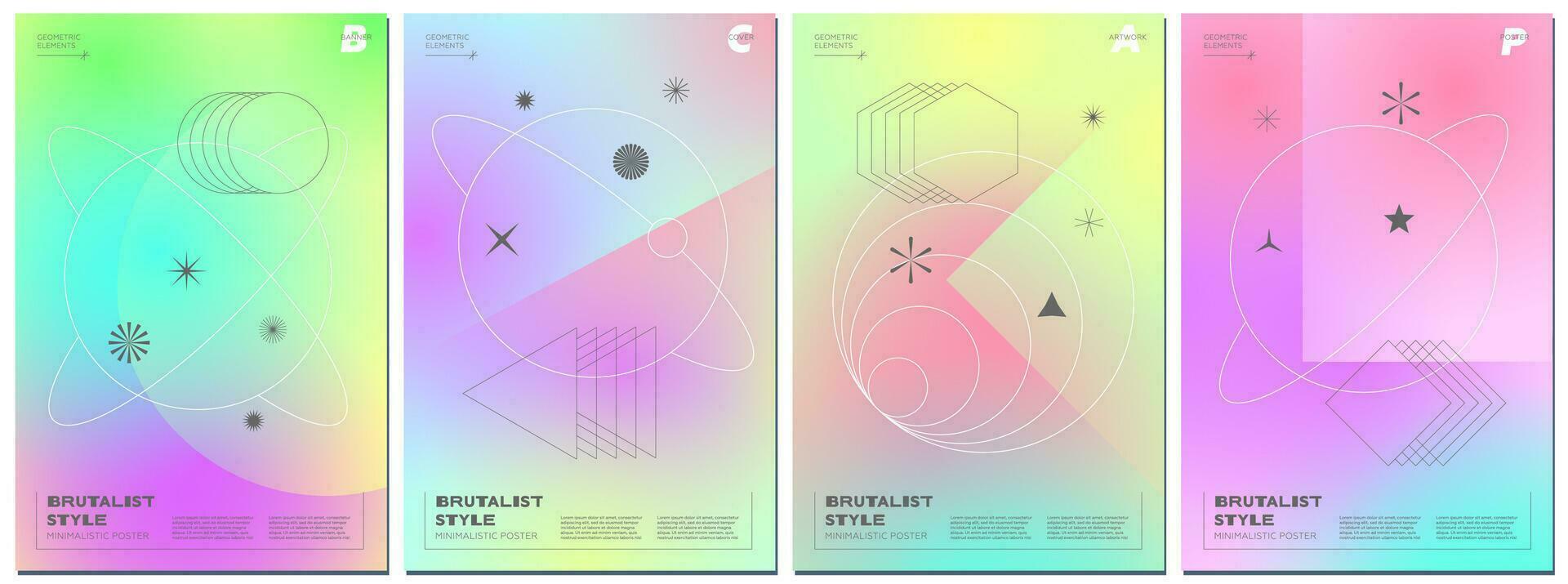 Abstract brutalism poster set with minimalistic geometric shapes on gradient background. Modern brutalist style minimal prints design with simple graphic elements. Brutal trendy y2k print eps template vector