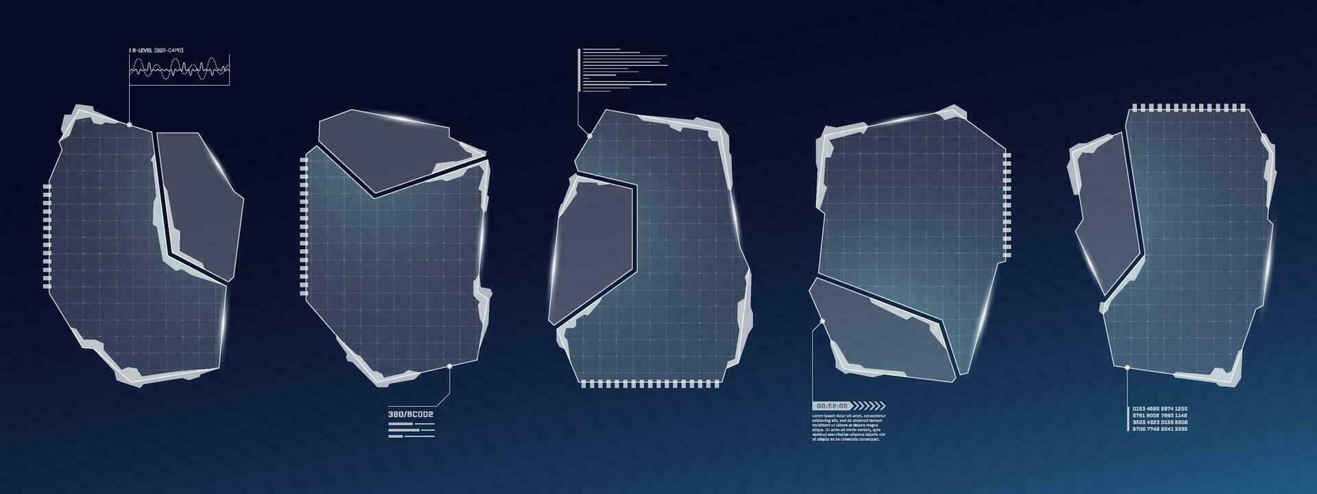 HUD digital futuristic user interface frame set. Sci Fi high tech callout screens. UX UI gaming menu touching dashboard control panels. Cyber space head-up display FUI or GUI information windows. Eps vector