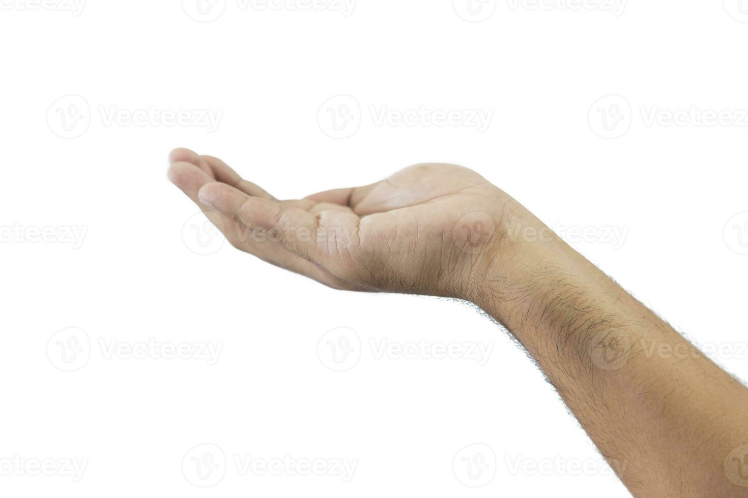 Close-up man's hand open and ready to help or receive. Open outstretched hand, Volunteering charity, support, hope, peace, extended in greeting copy space isolated on white background. Space for text. photo