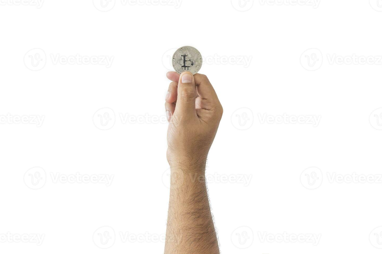 close-up hand of man holding crypto coin copy space isolated on white background. Blockchain technology finance in future. Male hand hold Bitcoin. concept about business, finance, trade, economy. photo