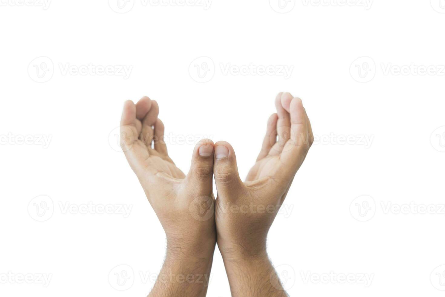 Close-up man's raised hands concept. Open outstretched hand, Volunteering charity, votes, support, hope and peace, extended in greeting copy space isolated on white background. Space for text. photo