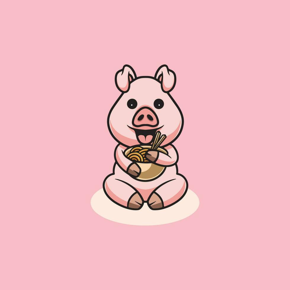 Cute pig eating noodle cartoon illustration vector