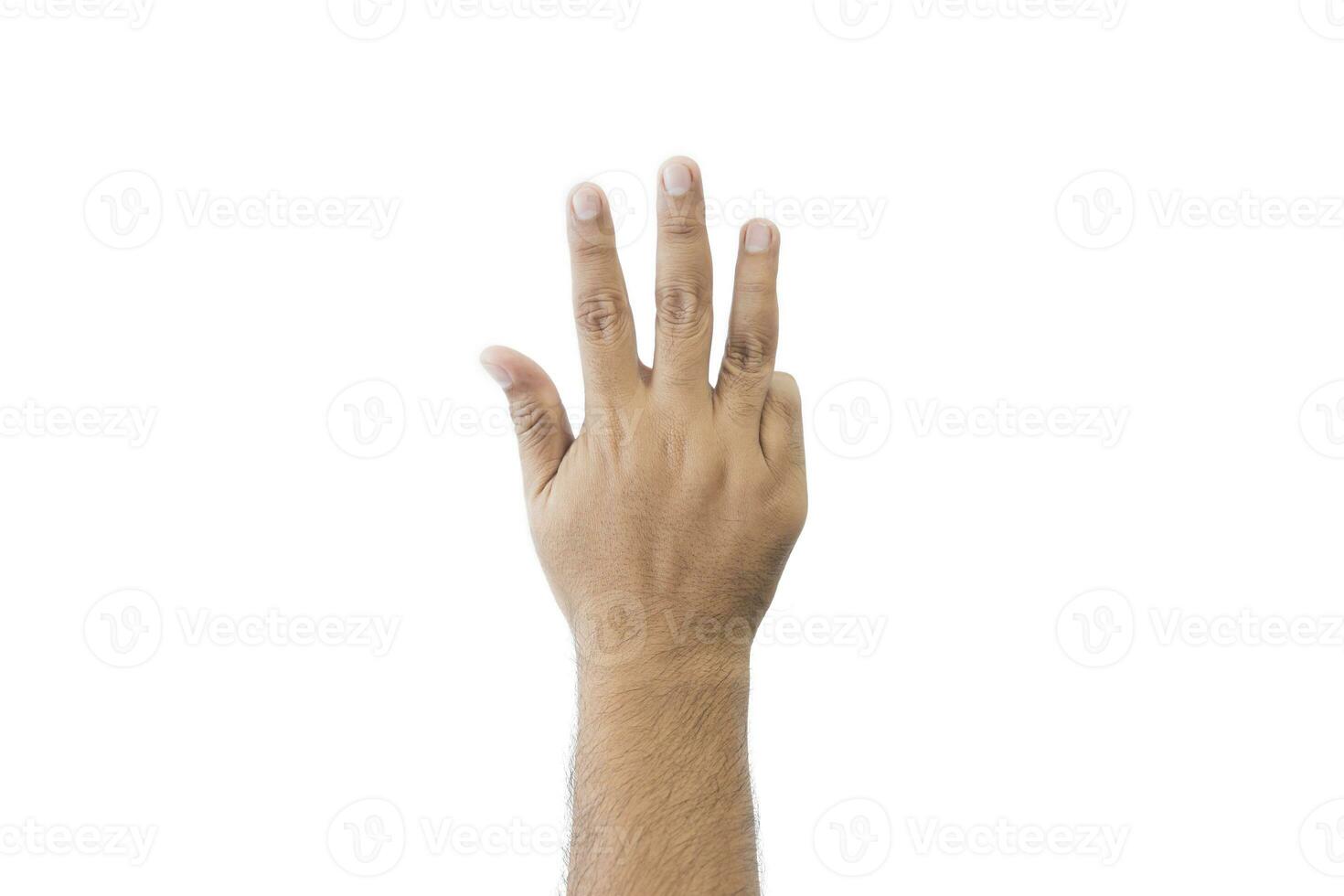 Close-up man's back of hand. Open outstretched hand, showing five fingers means number nine, extended in greeting copy space isolated on white background. Space for text. photo