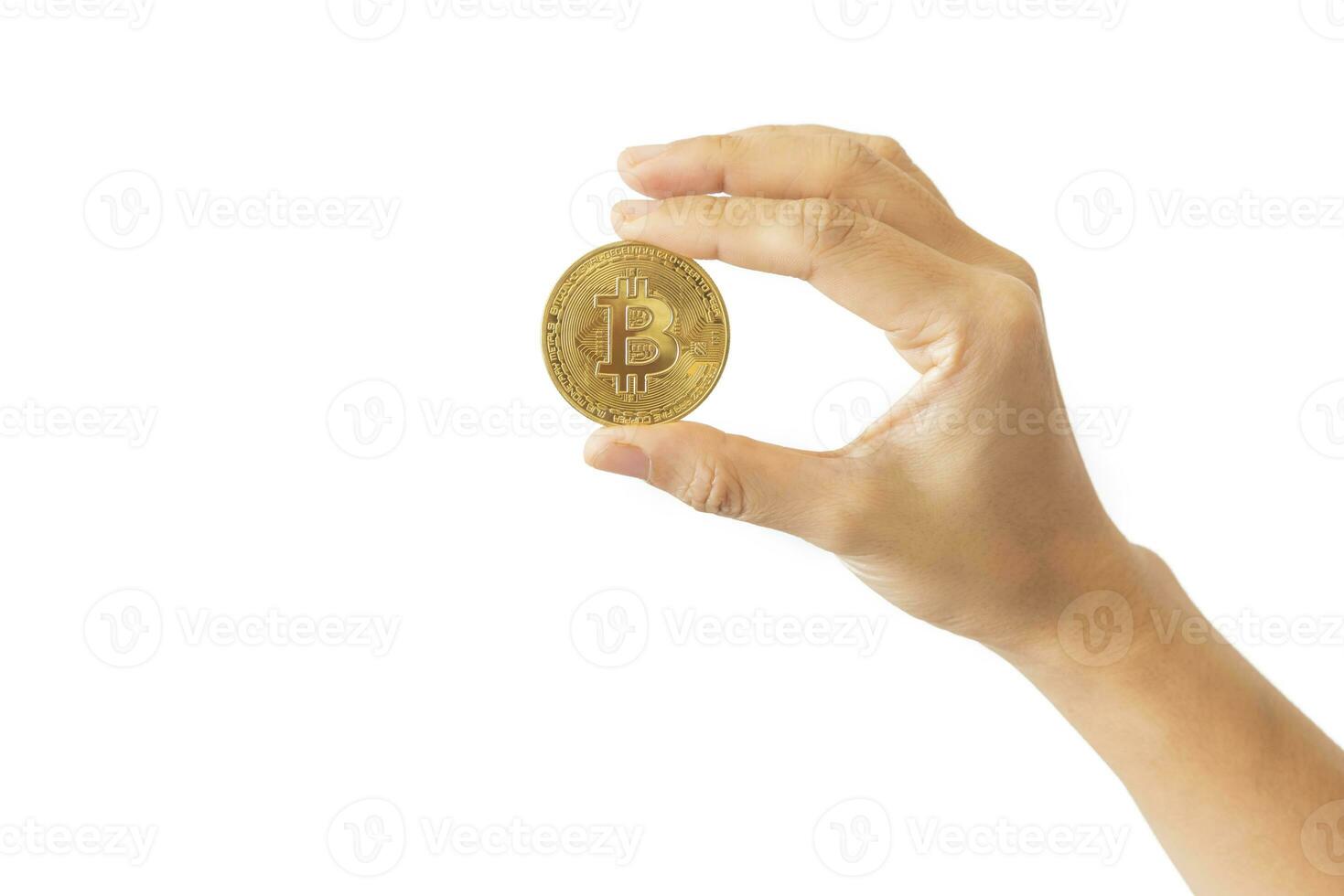 close-up hand of man holding crypto coin copy space isolated on white background. Blockchain technology finance in future. Male hand hold Bitcoin. concept about business, finance, trade, economy. photo