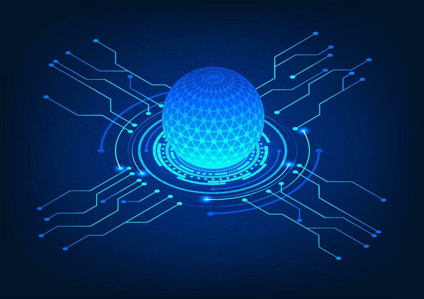 Isometric data processor with technology circle connected circuit The concept of a technology processor that receives data and processes it and sends it to other operating systems in Internet network vector