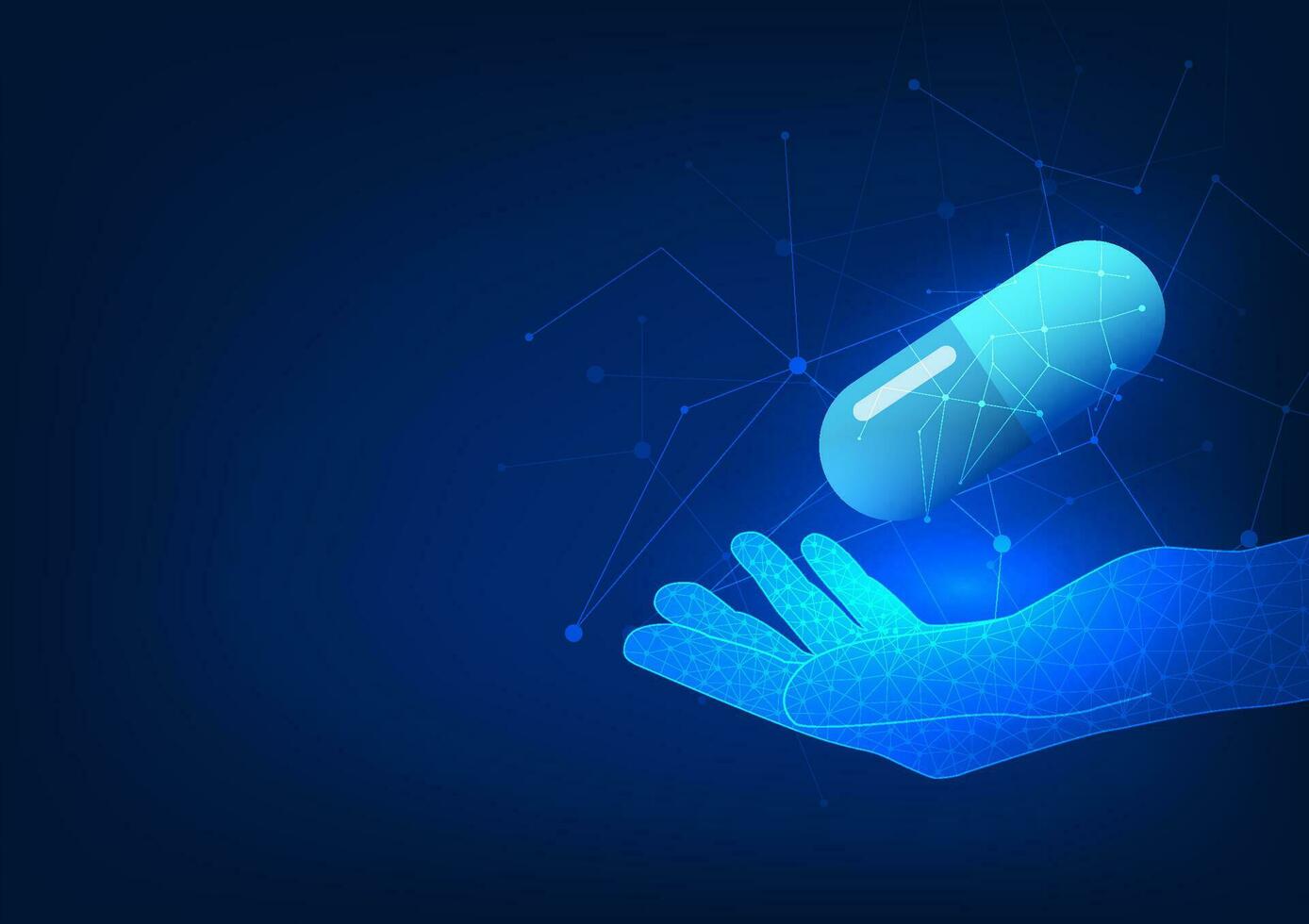 Technology background with a hand holding a pill, symbolizing modern medical assistance and futuristic healthcare. vector