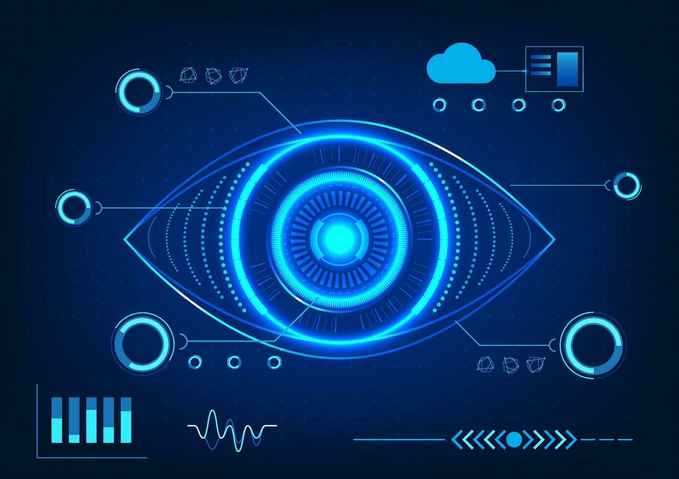 Eye technology with scanning technology information. Refers to the use of technology to help look for flaws in business or industry work to be solved quickly superior to their counterparts in business vector