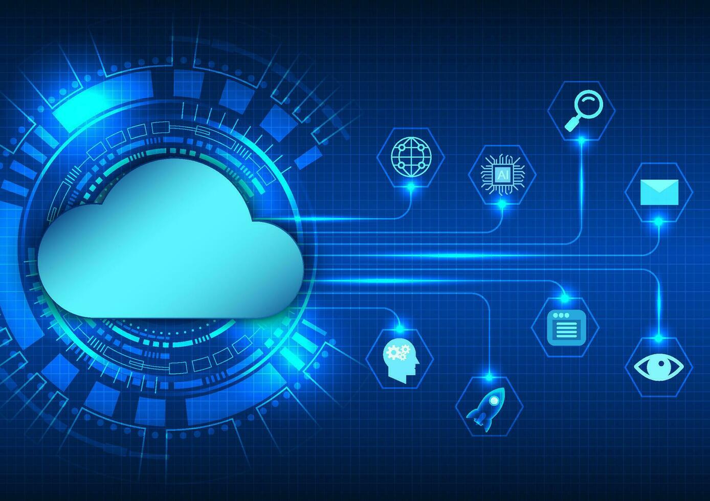 Smart cloud technology with a technology circle background with an intelligent data connection. By collecting data through the system and fetching data for use or sharing important information vector