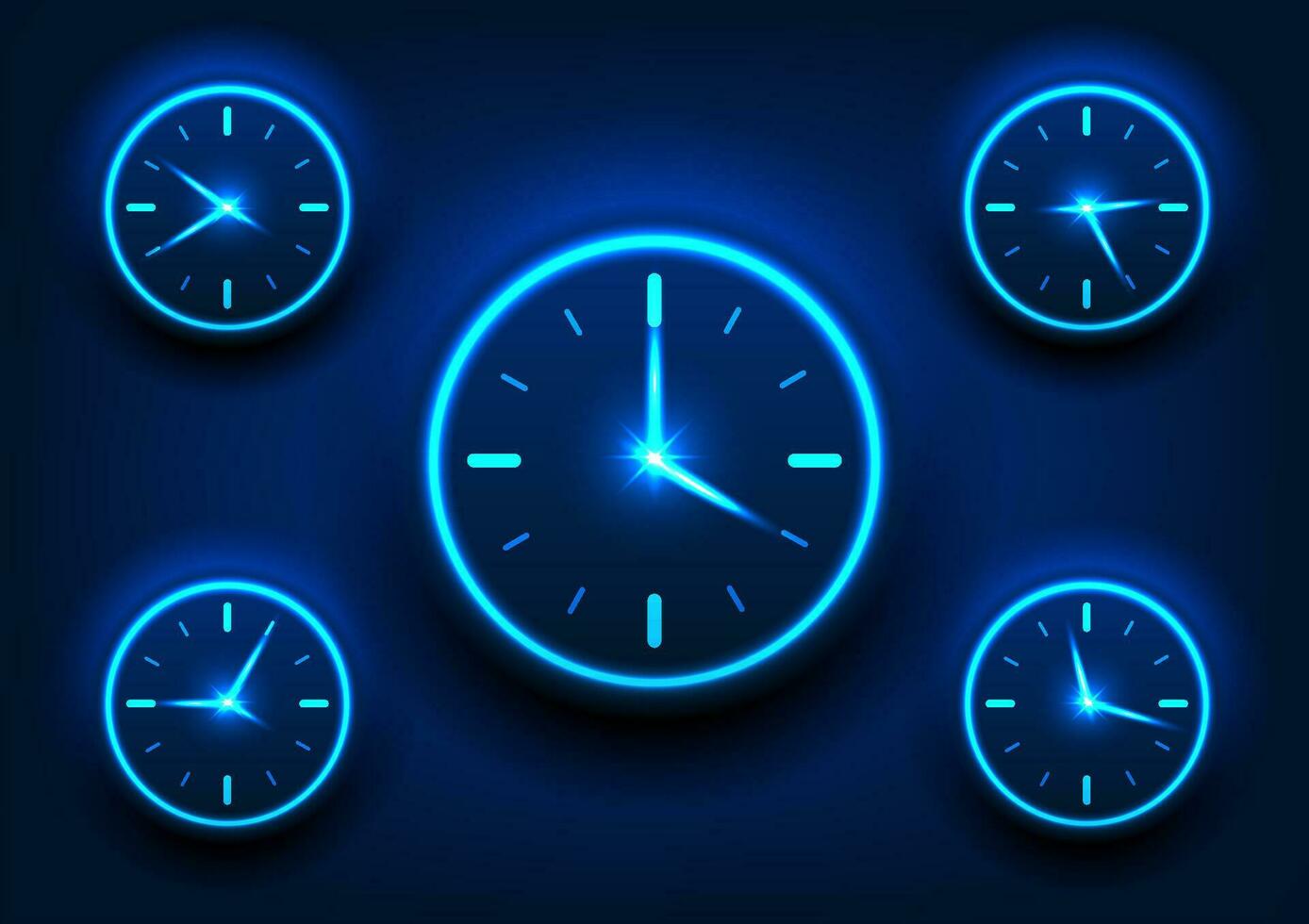 Technology background of multiple watch used to tell time dial clock That shines blue on a dark blue background, with the case making it stand out from the background. vector