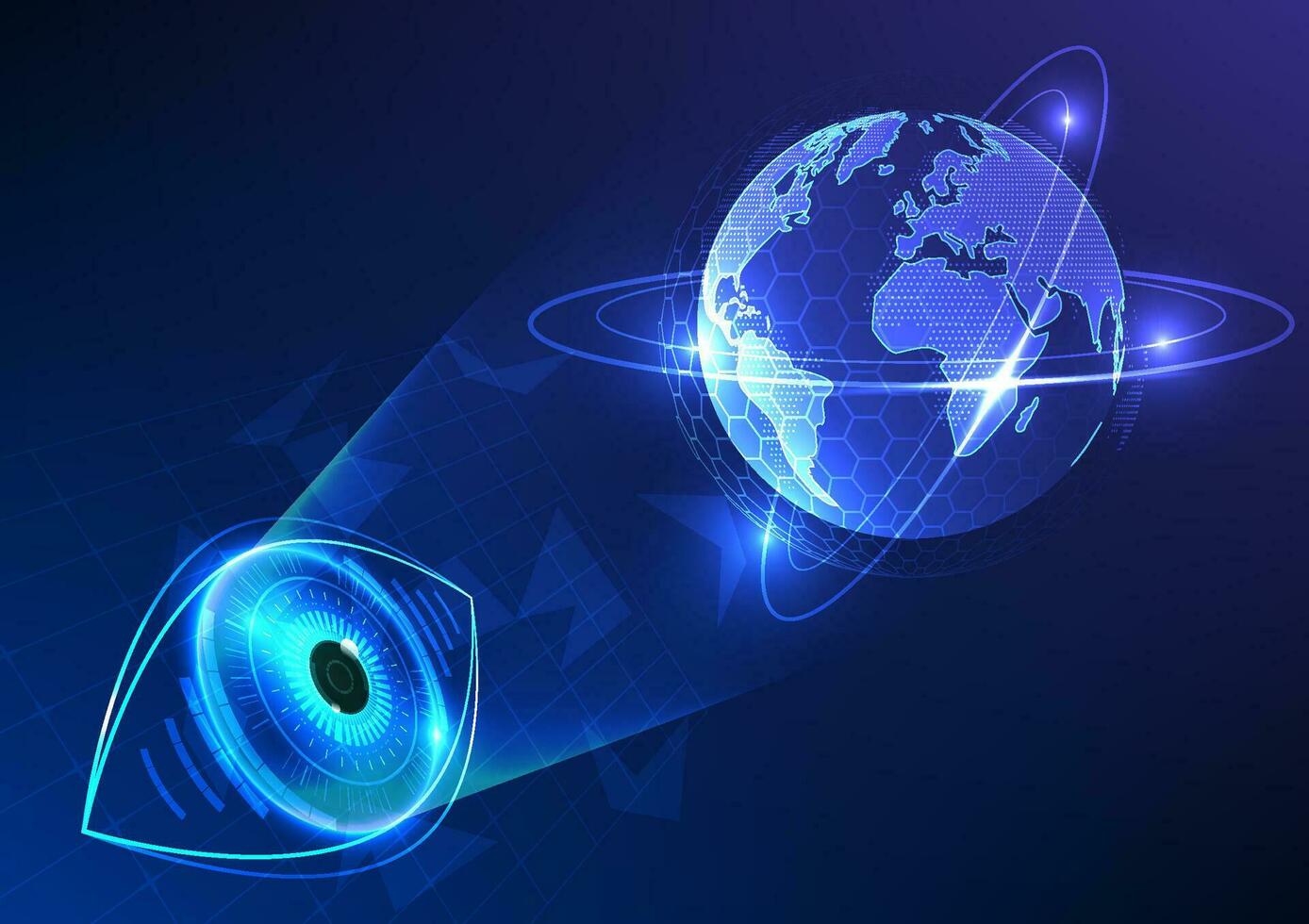 ojo tecnología mira a un globo con un anillo alrededor él. global Internet red conexión concepto Proporcionar acceso a información, comunicación, internacional comercio y inteligente tecnología. vector