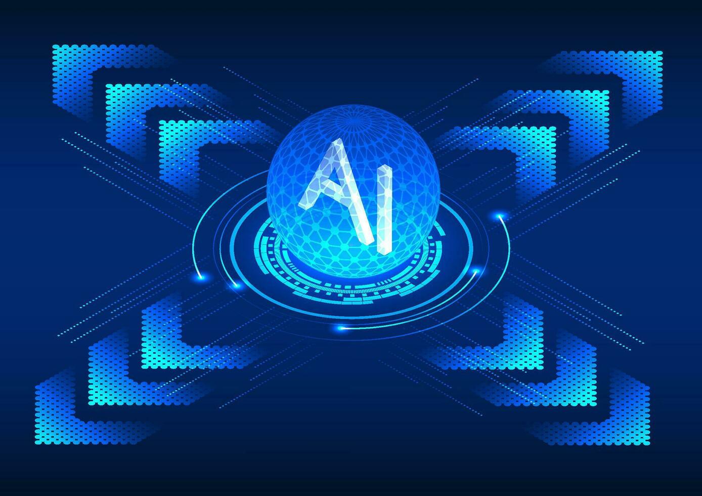 Artificial intelligence circle at the center, surrounded by a technology circle with arrows depicting data transmission. Illustrates advanced connectivity and digital innovation vector