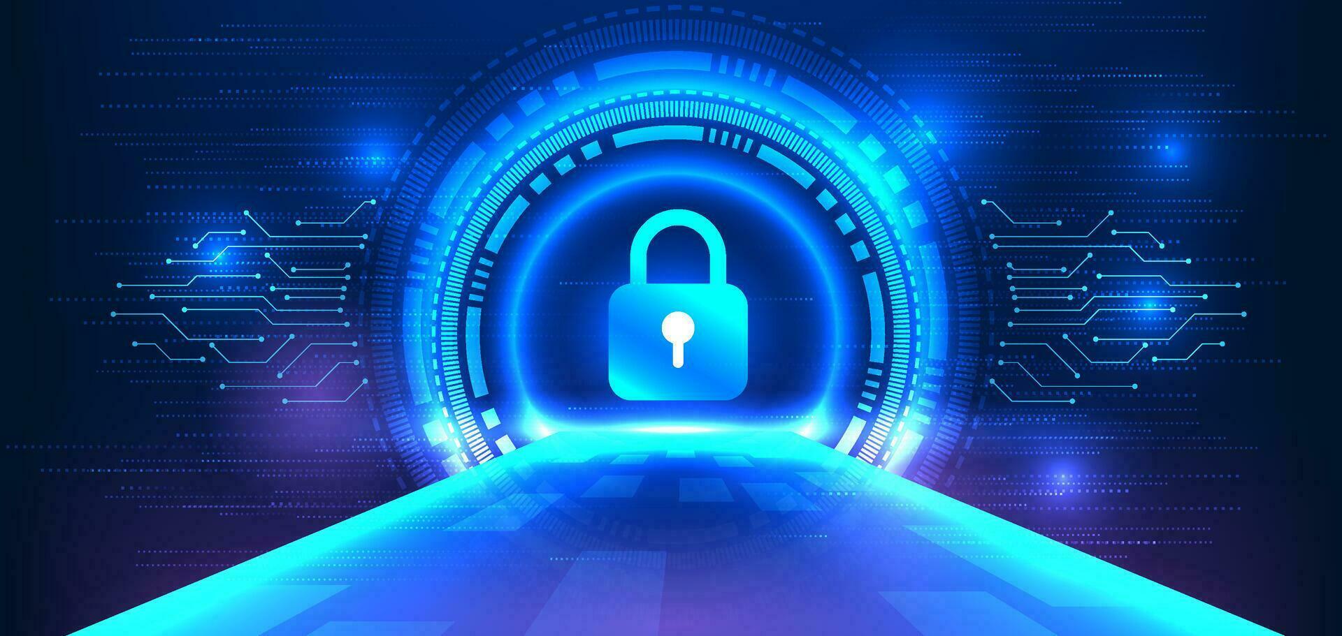 Lock within a technology circle and side circuit. A bridge forefronts the entry to the information system, guarded by a lock symbolizing cyber security and data privacy vector