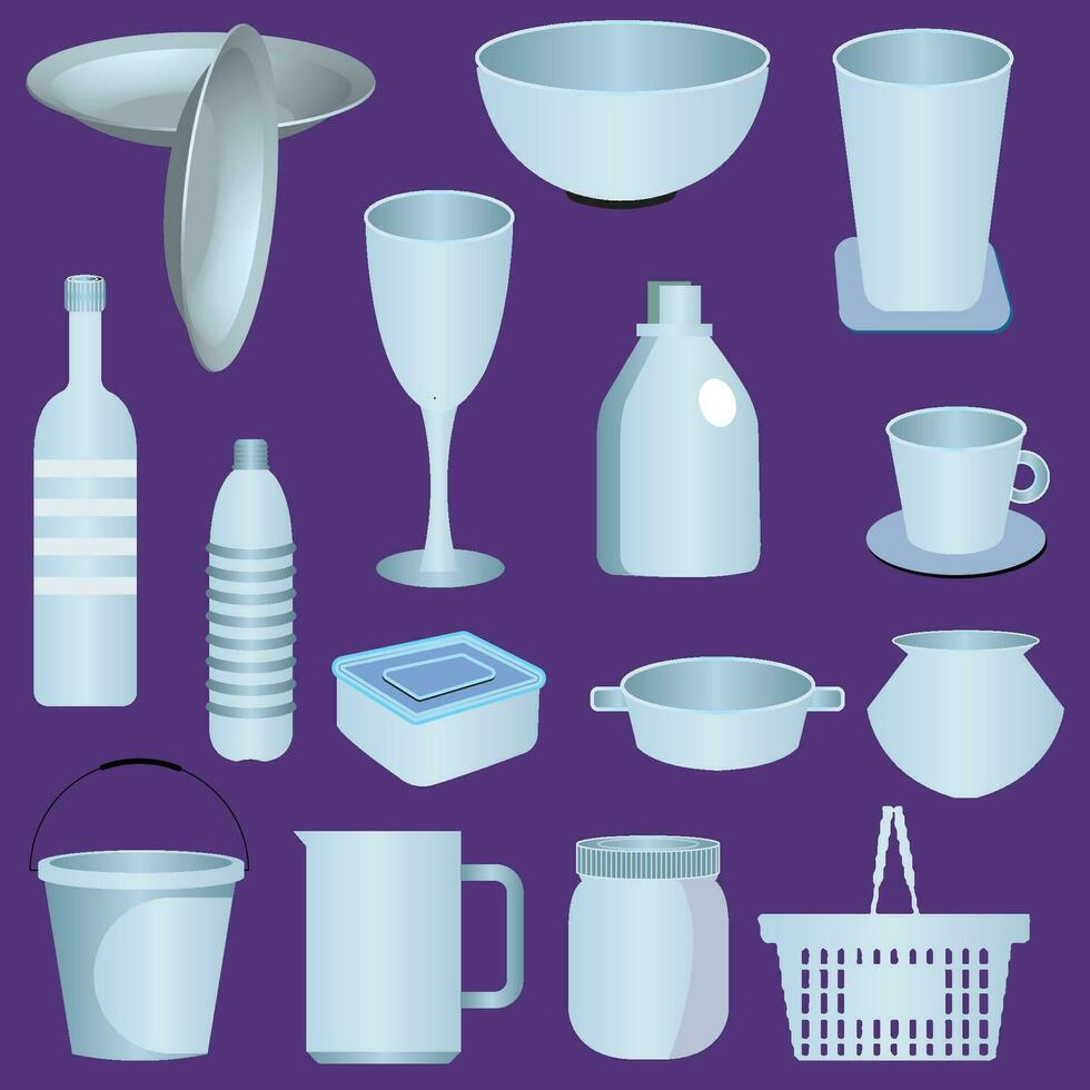 colección de de moda casa vajilla y cerámica tazas, platos, bochas, jarrones, tazas haz de utensilios para hogar decoración. plano dibujos animados vector ilustración.