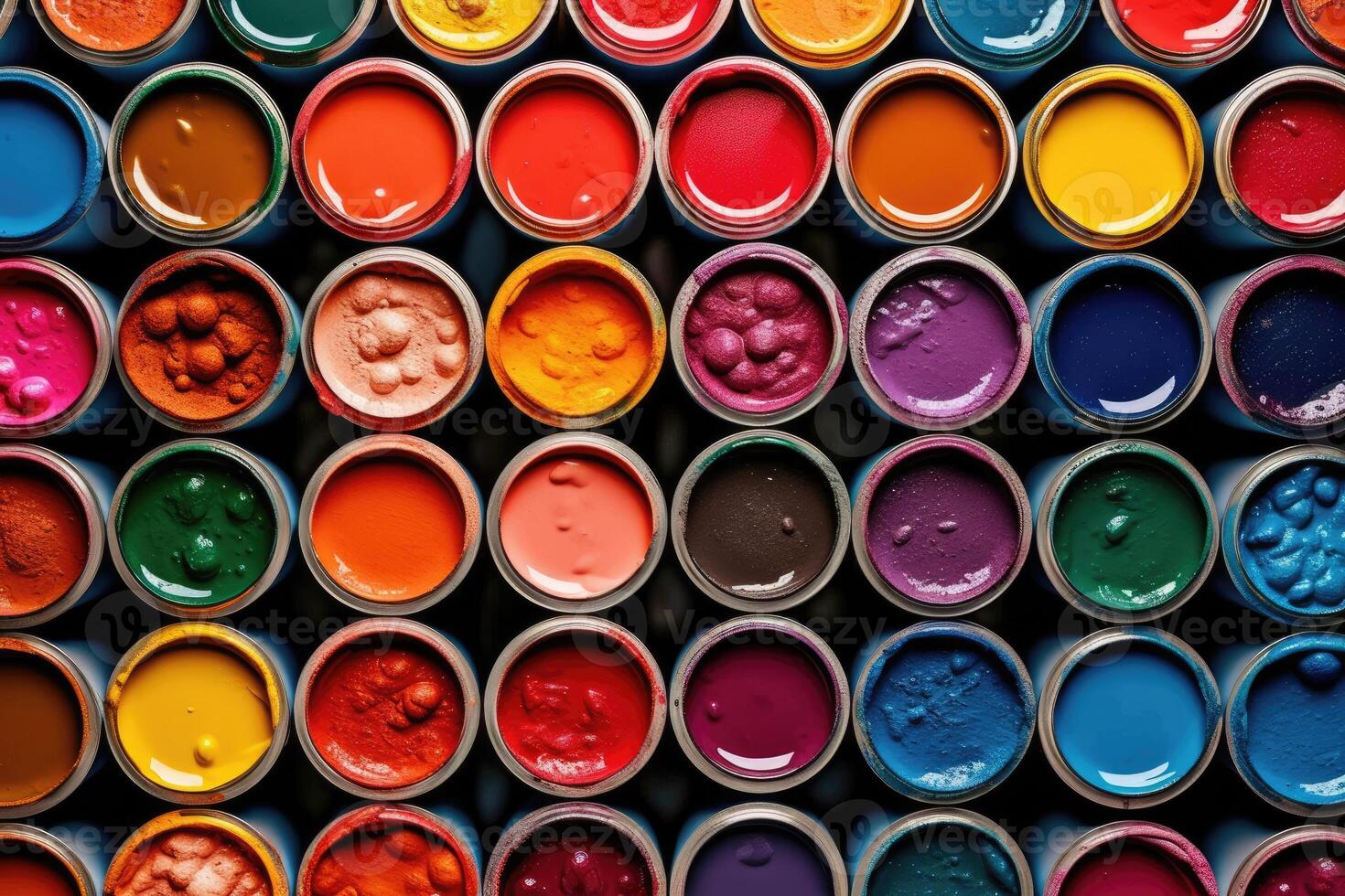 Open cans of paints, different colors. photo