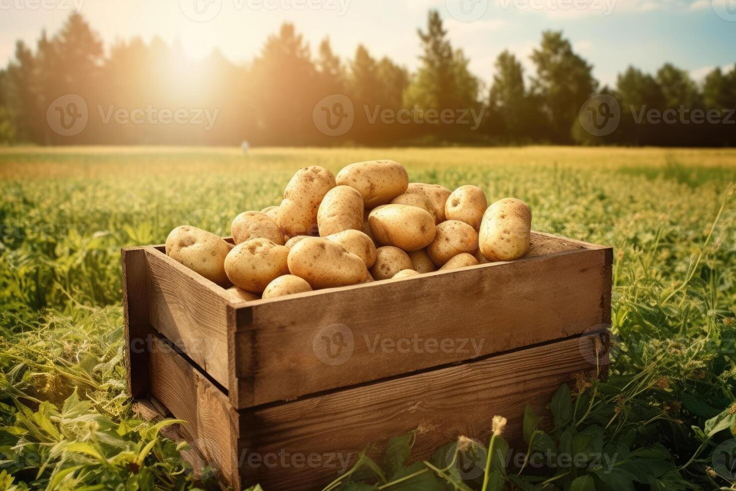 Wooden box full of potatoes in a field. photo
