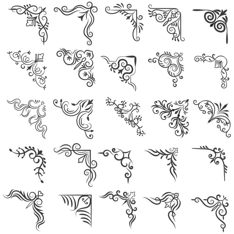 Vector illustration of decorative corner frame set. Set Hand Draw of Corners Different Shapes Flower Decoration Vector Design Doodle Sketch Style For Wedding And Banner